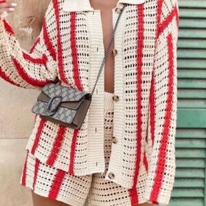 ZARA High Waisted Openwork Knit Shorts Beige Red Strips women’s size Small